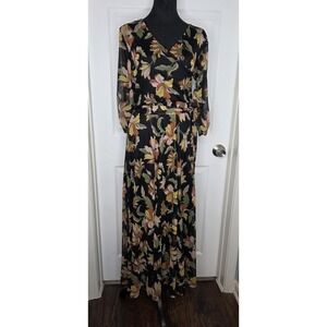 Harlow &  Rose Floral Wrap Maxi Dress M Boho Chiffon Long Sleeve